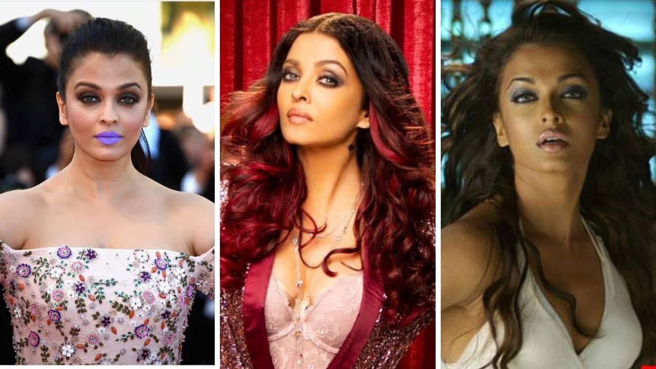 Aishwarya Rai at 2016 Cannes red carpet, Look in Fanney Khan (centre), and Dhoom 2. Images via Facebook